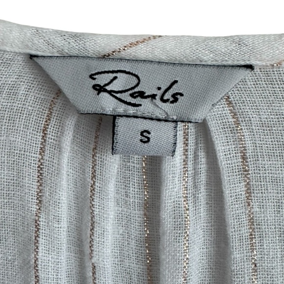 RAILS Finn Striped Linen Long Sleeve Top in Rose Gold Metallic | White Blouse S - Picture 4 of 7